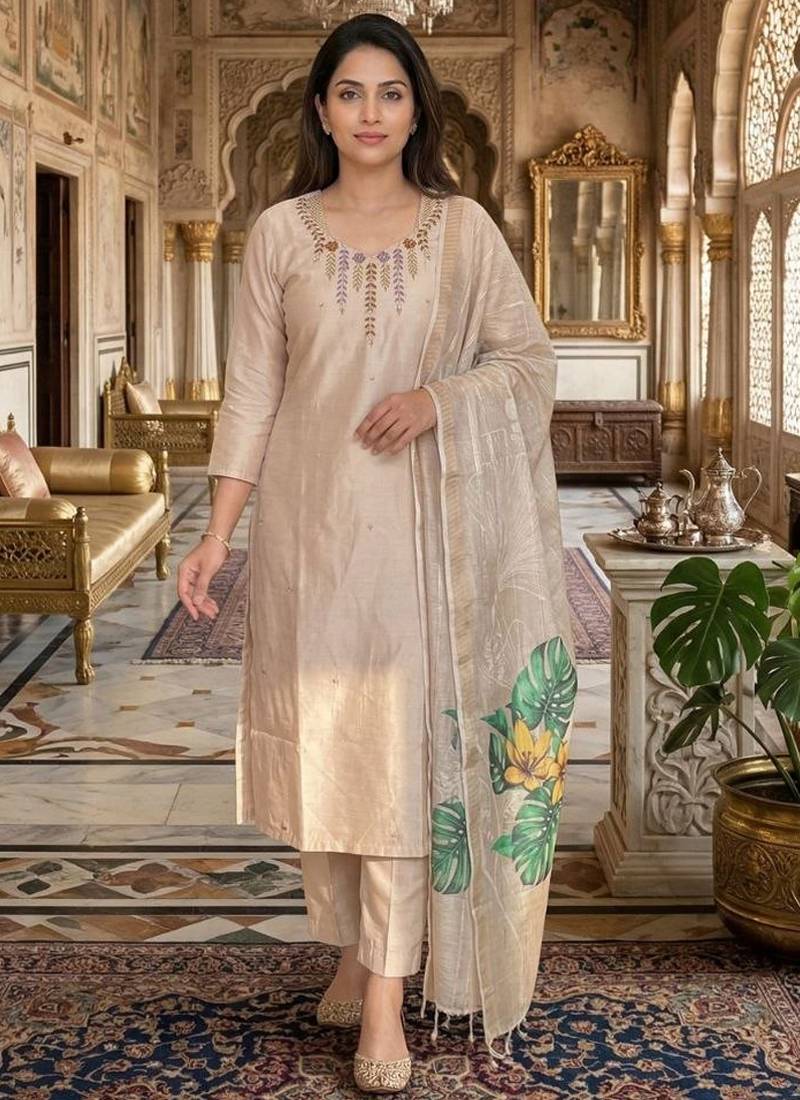 Beige mul chanderi kurti pant dupatta set
