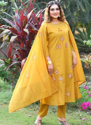 Mustard cotton kurti pant dupatta set 1