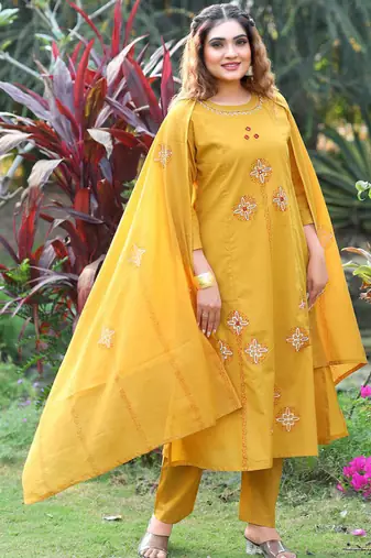 Mustard cotton kurti pant dupatta set