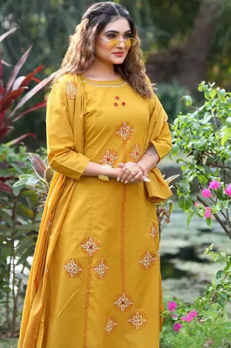 Mustard cotton kurti pant dupatta set