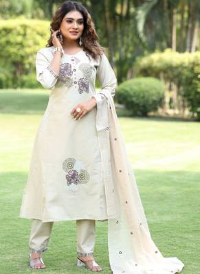 Cream cotton kurti pant dupatta set 1