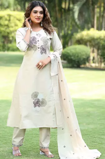 Cream cotton kurti pant dupatta set