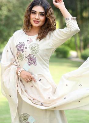 Cream cotton kurti pant dupatta set 2