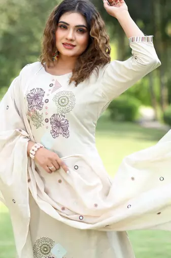 Cream cotton kurti pant dupatta set
