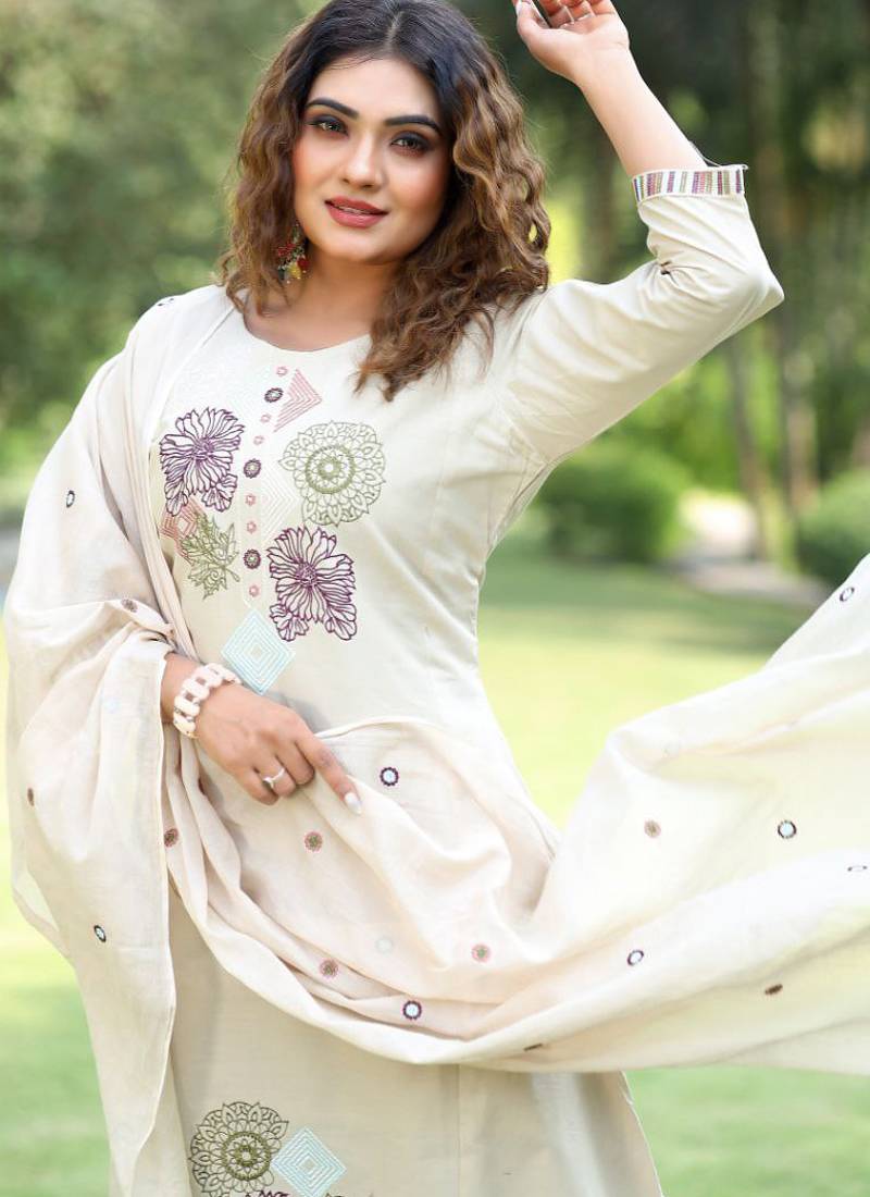 Cream cotton kurti pant dupatta set