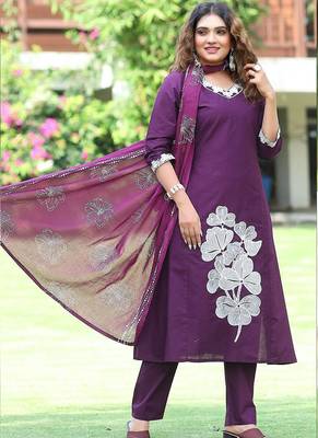 Purple cotton kurti pant dupatta set 1