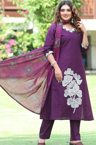 Purple cotton kurti pant dupatta set
