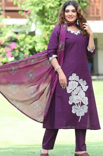 Purple cotton kurti pant dupatta set