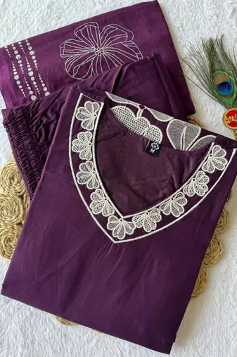 Purple cotton kurti pant dupatta set