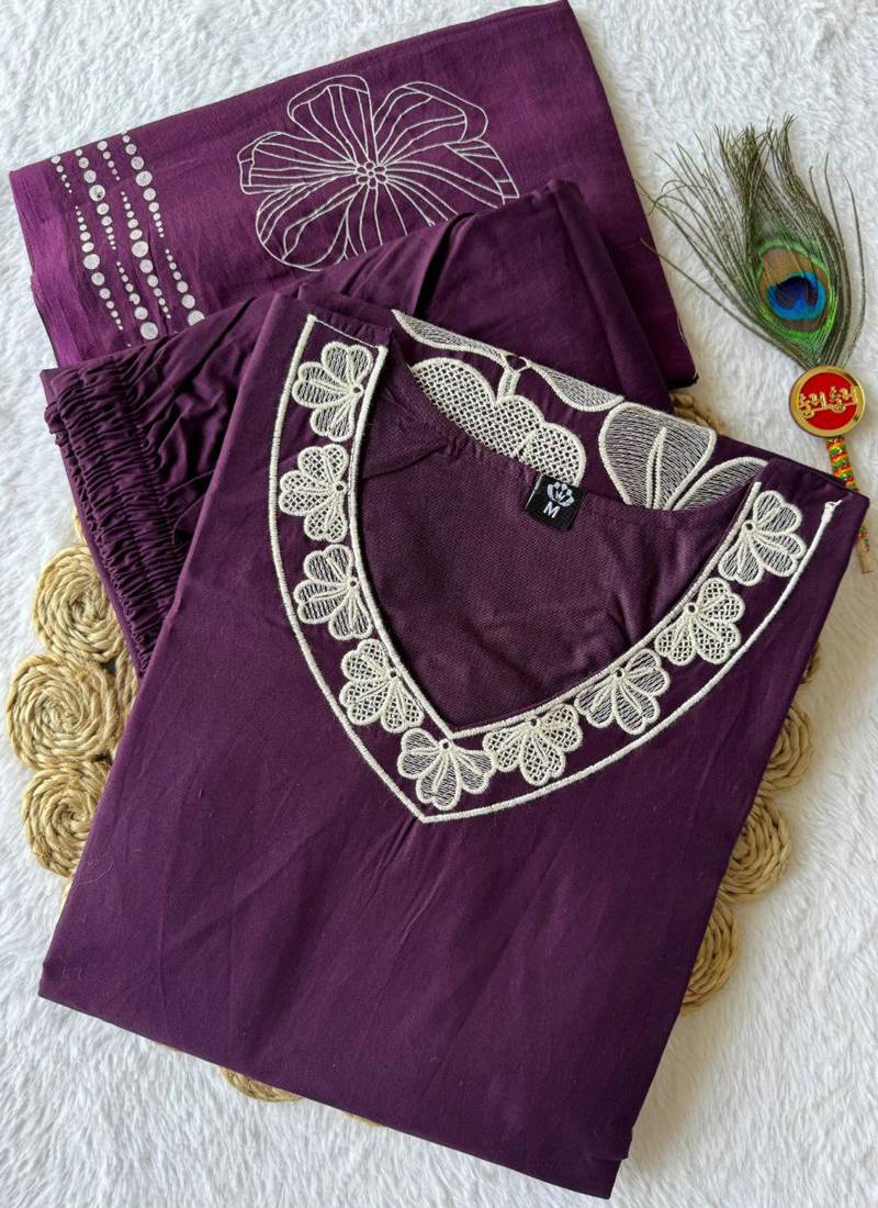 Purple cotton kurti pant dupatta set