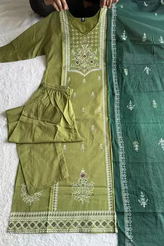 Pista cotton kurti pant dupatta set