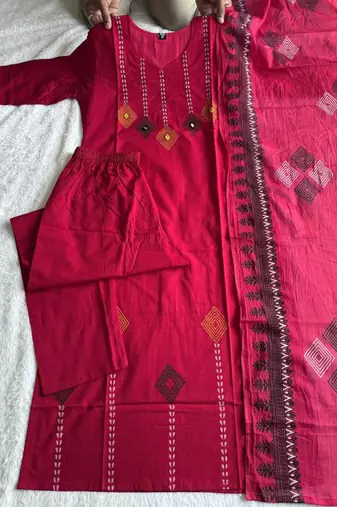 Pink cotton kurti pant dupatta set