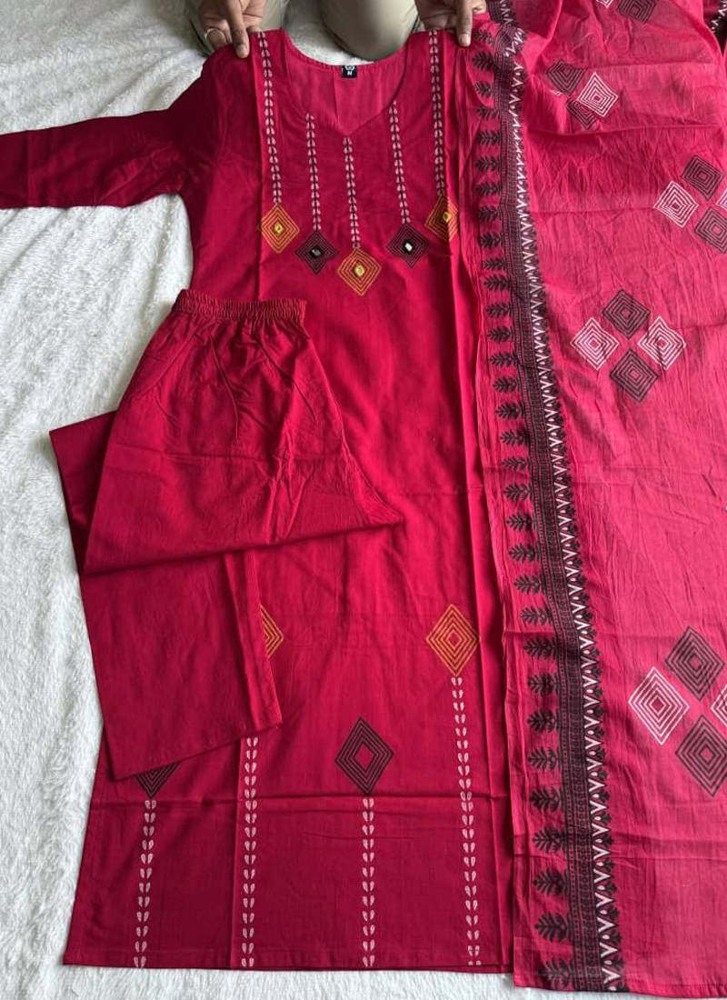 Pink cotton kurti pant dupatta set