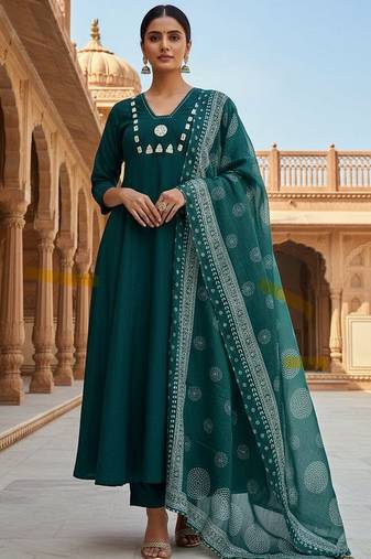 Green cotton kurti pant dupatta set