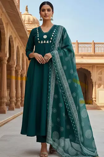 Green cotton kurti pant dupatta set