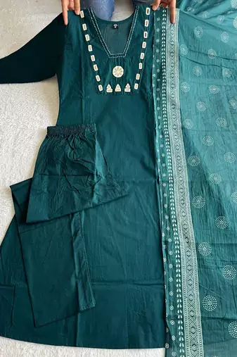 Green cotton kurti pant dupatta set