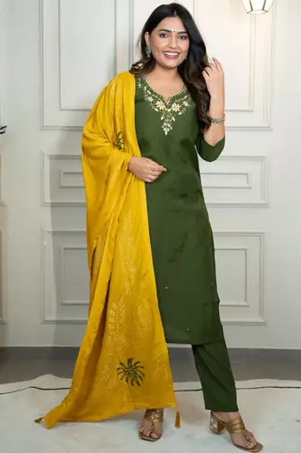 Green roman silk blend kurti pant dupatta set