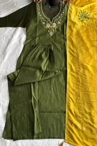Green roman silk blend kurti pant dupatta set