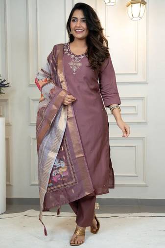 Chocolate roman silk blend kurti pant dupatta set