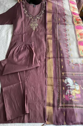 Chocolate roman silk blend kurti pant dupatta set