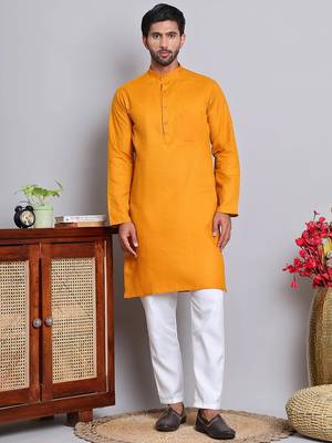 Classic dark yellow color cotton kurta pajama set 1