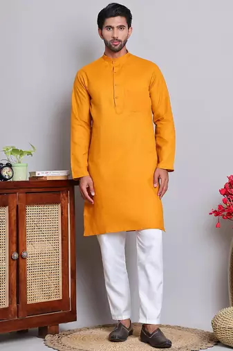 Classic dark yellow color cotton kurta pajama set