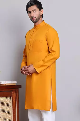 Classic dark yellow color cotton kurta pajama set