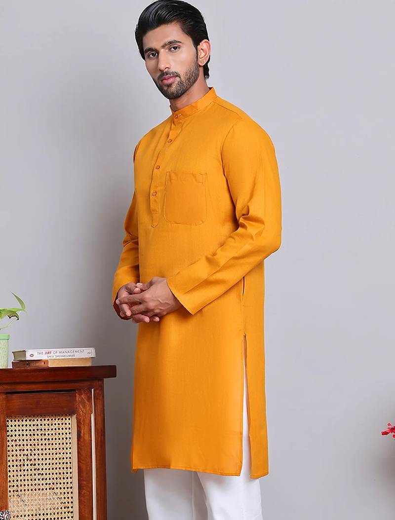 Classic dark yellow color cotton kurta pajama set