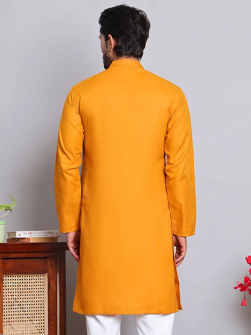 Classic dark yellow color cotton kurta pajama set