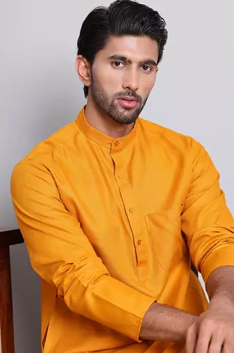 Classic dark yellow color cotton kurta pajama set