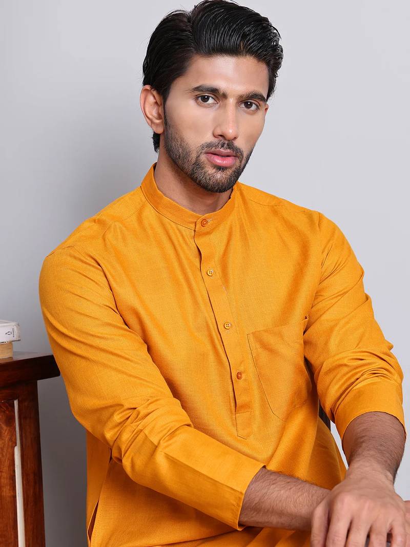 Classic dark yellow color cotton kurta pajama set