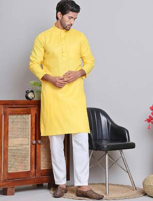 Classic yellow color cotton kurta pajama set 1