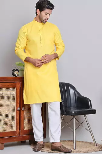 Classic yellow color cotton kurta pajama set