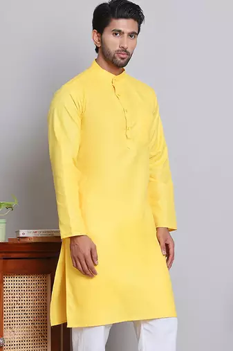 Classic yellow color cotton kurta pajama set