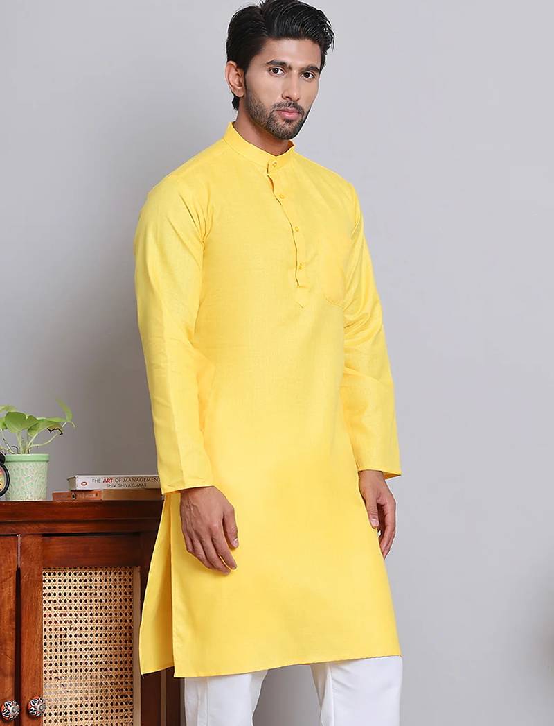 Classic yellow color cotton kurta pajama set