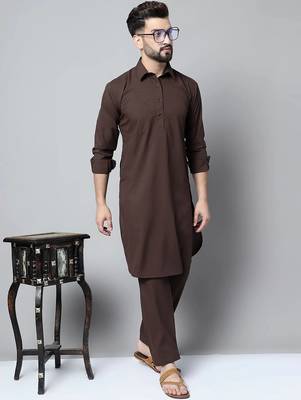 Classic chocolate brown cotton kurta pajama set 1