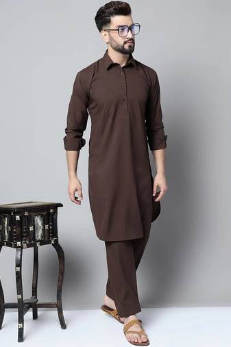 Classic chocolate brown cotton kurta pajama set
