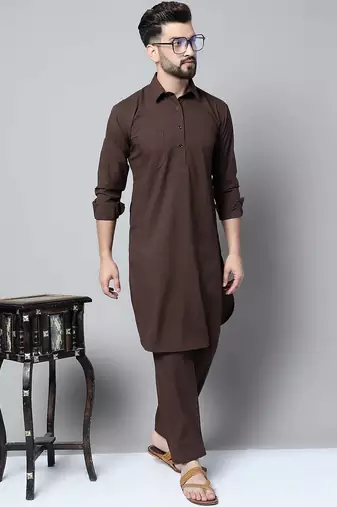 Classic chocolate brown cotton kurta pajama set