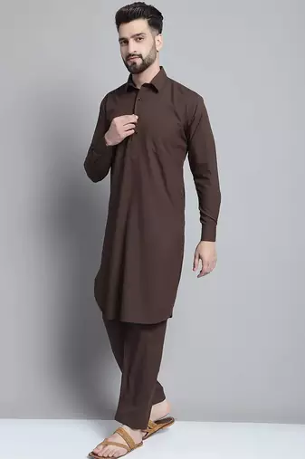 Classic chocolate brown cotton kurta pajama set
