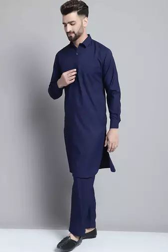 Classic navy blue pure cotton kurta pajama set