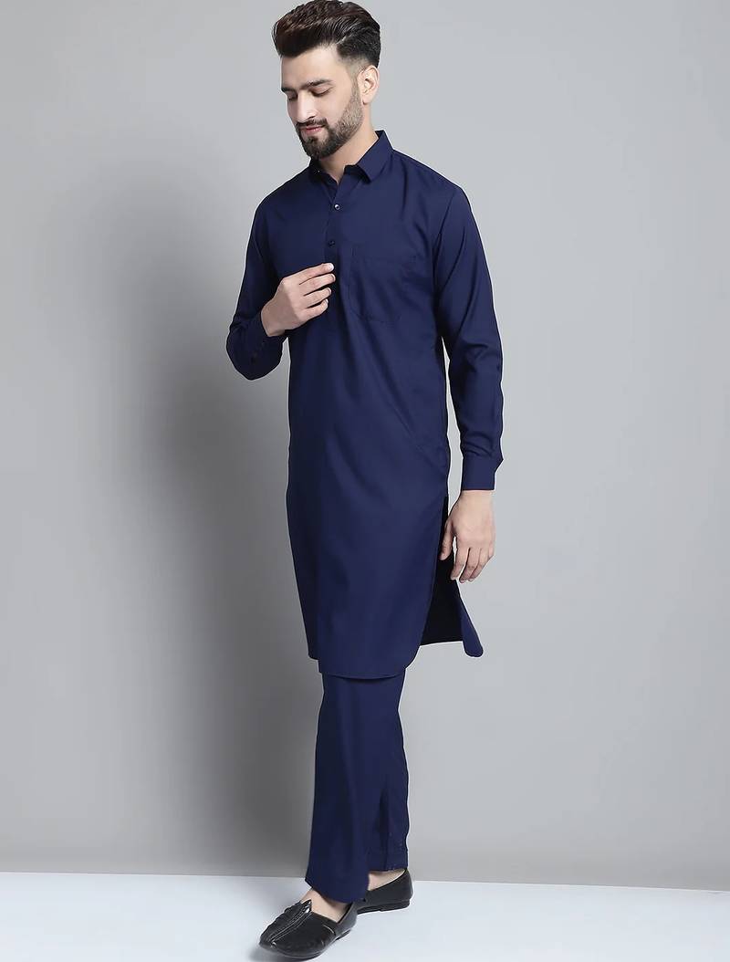 Classic navy blue pure cotton kurta pajama set