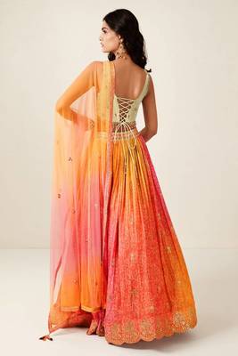 Orange Pink Bandhani Print Sequince Embroidery Organza Stitched Lehenga Choli 3