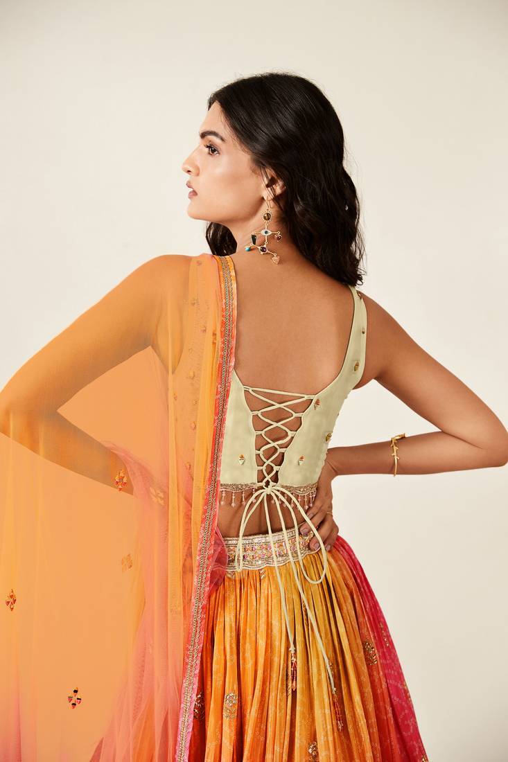 Orange Pink Bandhani Print Sequince Embroidery Organza Stitched Lehenga Choli