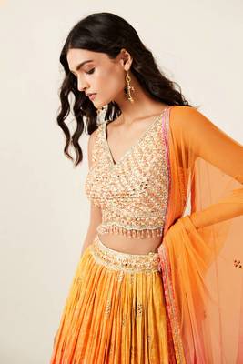Orange Pink Bandhani Print Sequince Embroidery Organza Stitched Lehenga Choli 6