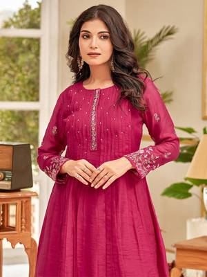 Floral Embroidered Thread Work Chanderi Cotton A-Line Kurta With Palazzos 2