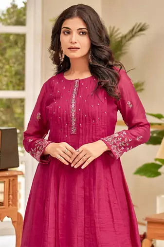 Floral Embroidered Thread Work Chanderi Cotton A-Line Kurta With Palazzos