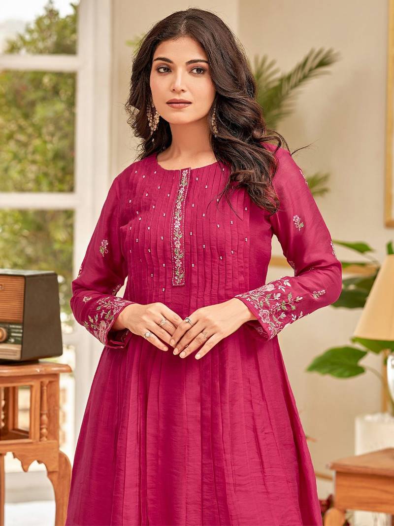 Floral Embroidered Thread Work Chanderi Cotton A-Line Kurta With Palazzos