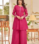 Floral Embroidered Thread Work Chanderi Cotton A-Line Kurta With Palazzos