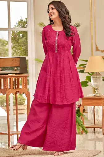 Floral Embroidered Thread Work Chanderi Cotton A-Line Kurta With Palazzos