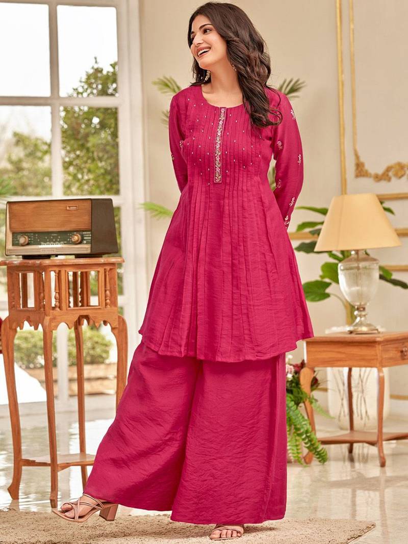 Floral Embroidered Thread Work Chanderi Cotton A-Line Kurta With Palazzos